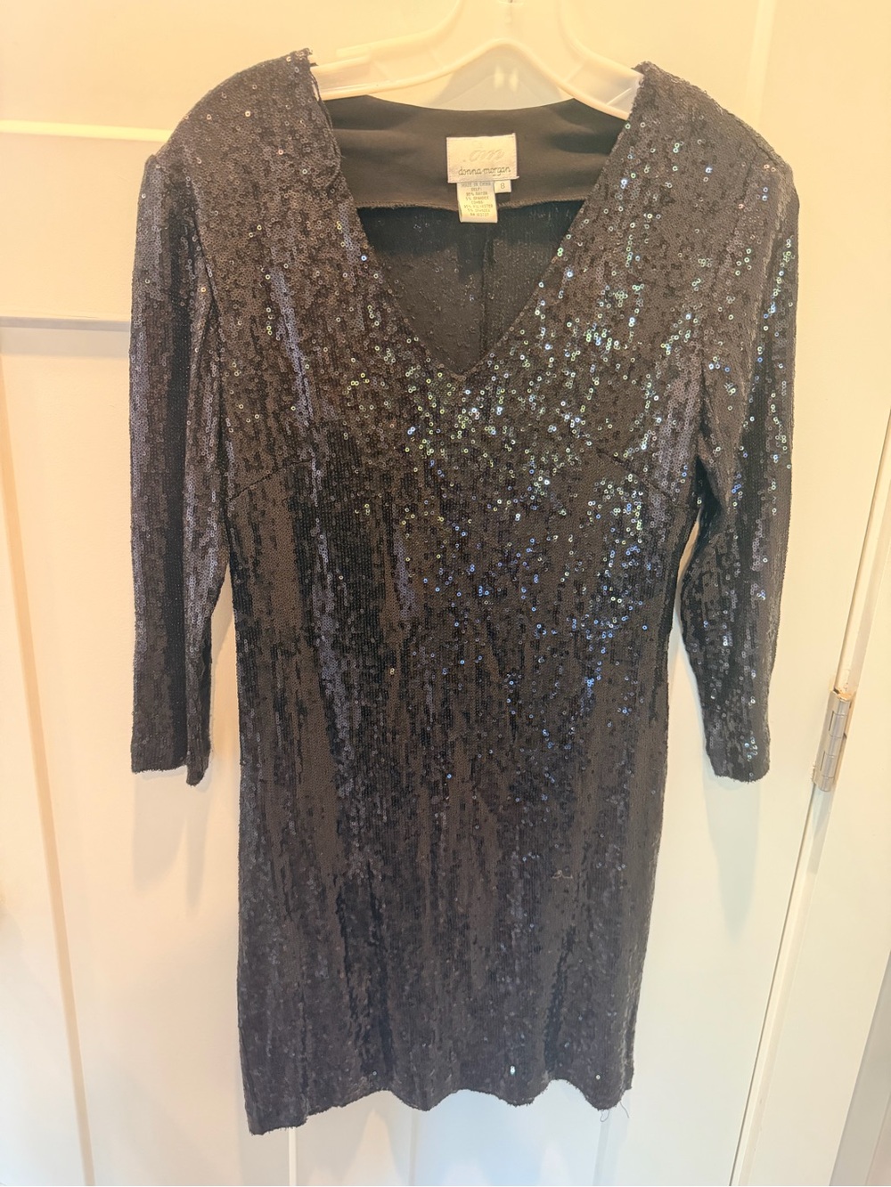 Donna Morgan Black Sequin Long Sleeve V Neck Cocktail Dress Size 8